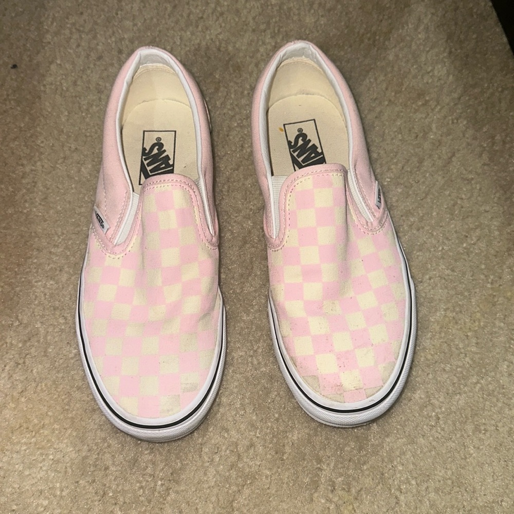 Pink checkered slip on vans